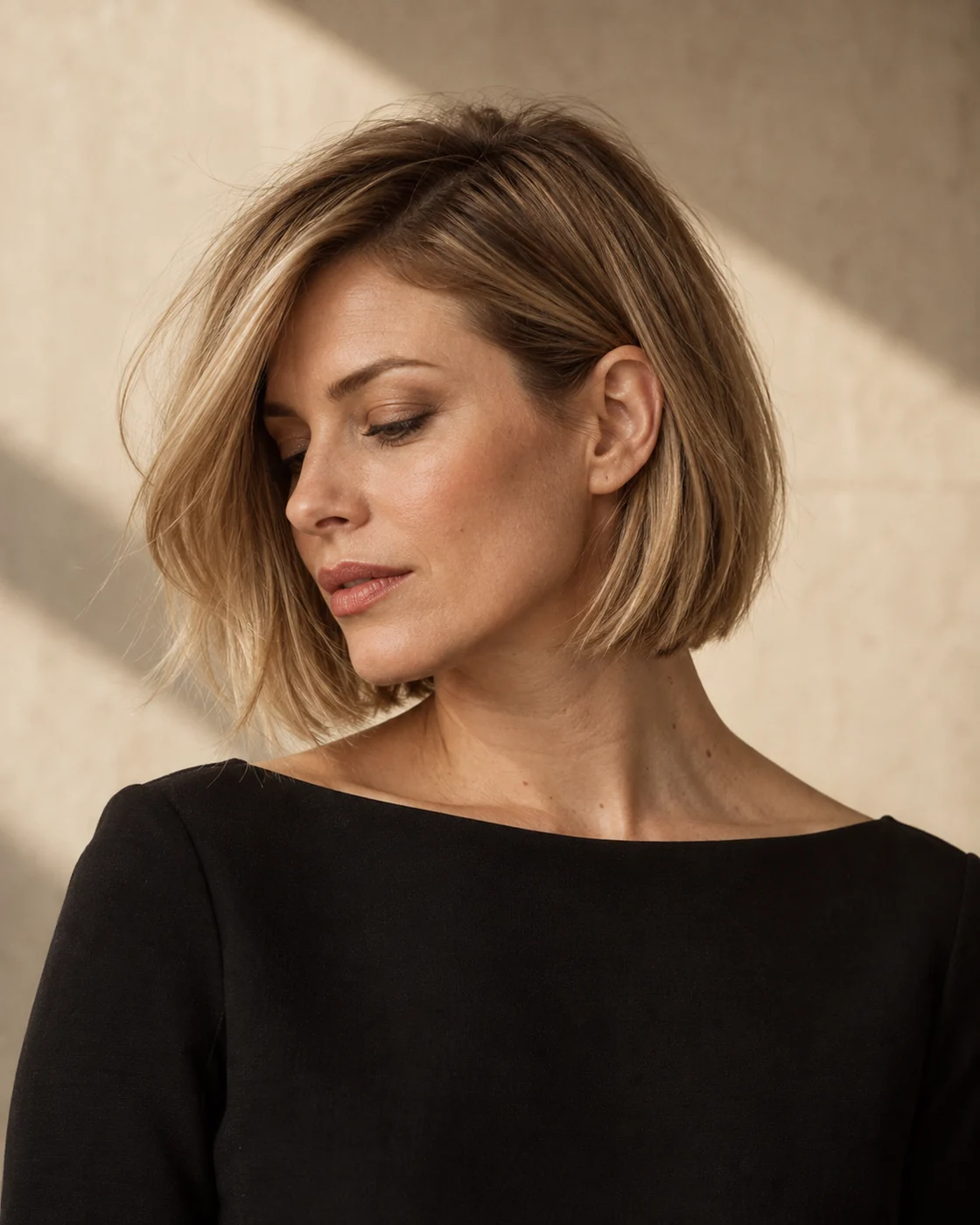 Retrato ilustrativo de uma mulher adulta com um corte curto loiro em perfil.