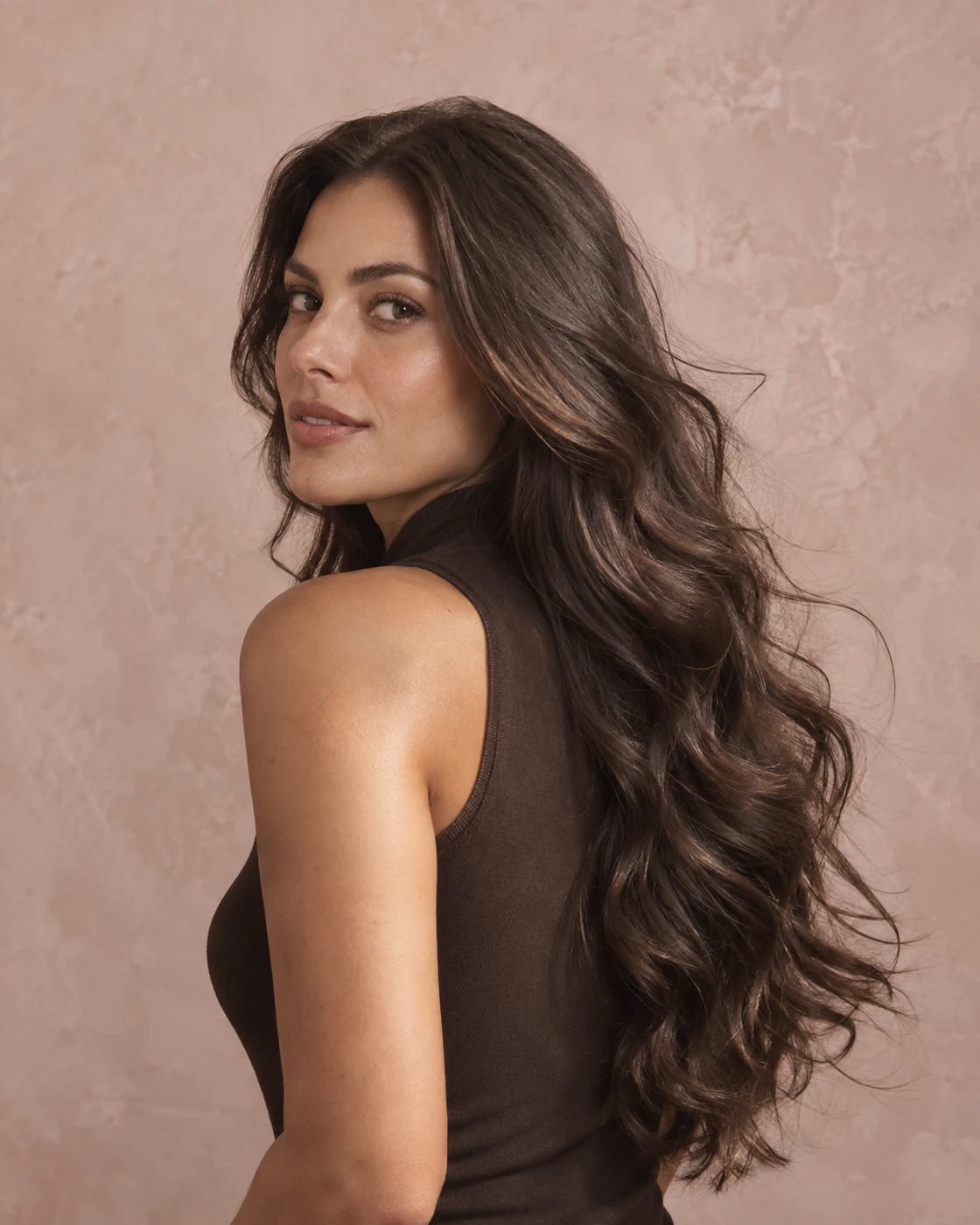 Retrato ilustrativo de uma mulher adulta com ondas longas castanhas.