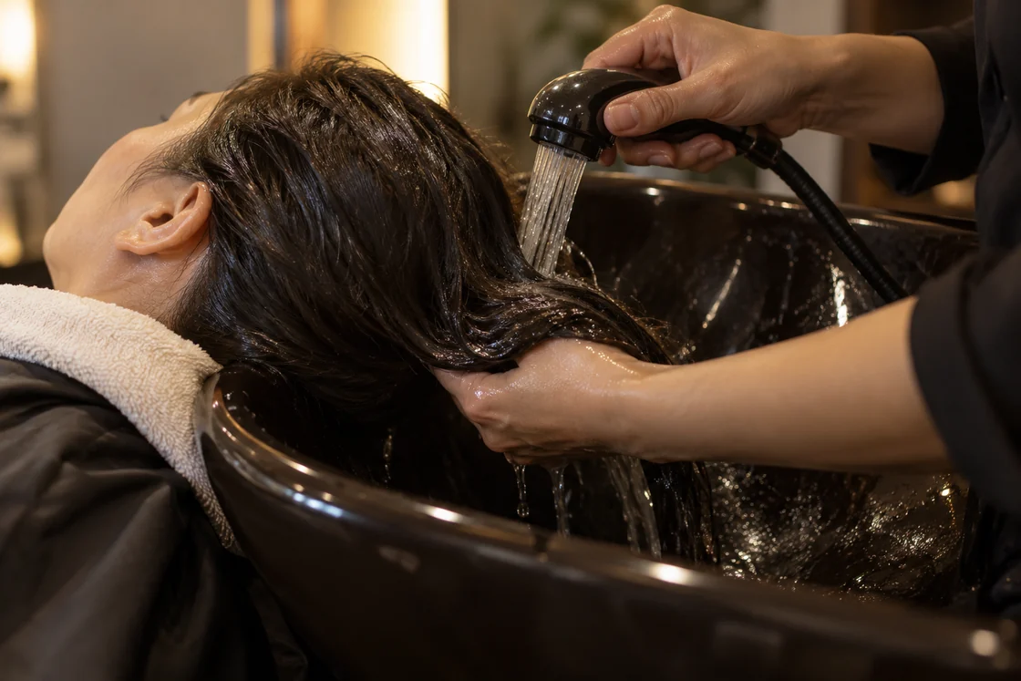 Cena ilustrativa de mãos enxaguando o cabelo com água em um lavatório de salão.