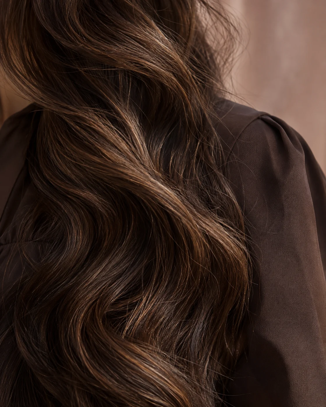 Detalhe ilustrativo de ondas e reflexos de um cabelo castanho.
